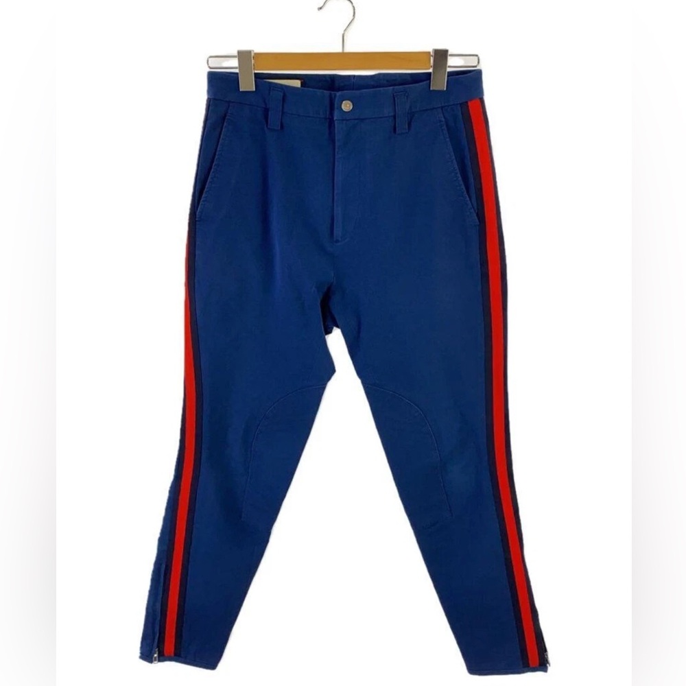 Gucci Men Blue Stretch Gabardine Striped Web Riding Trousers Pants 44 Authentic